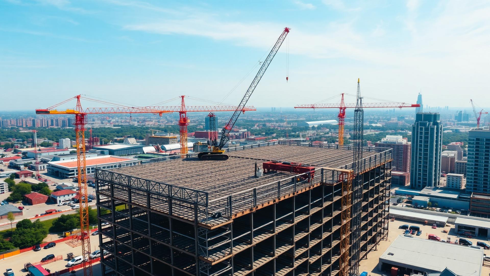 Aerial drone view of an active construction site